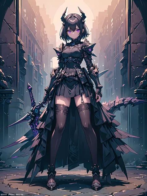 (((masterpiece, best quality, high detailed, 16k))) (1girl) A mysterious female warrior with short, dark hair and sharp, piercing violet eyes. Her black, leather armor is adorned with scorpion symbols, and her helmet bears a scorpion tail crest. She wields...