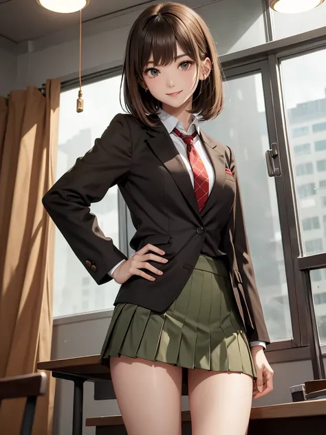 (8k, RAW Photos, Best Quality), Standing in a school classroom, (((((((One woman))))))), ((Brown Hair)), ((Medium Bob Hair)), (Asymmetrical bangs), ((Detailed eyes)), ((A happy smile)), ((Long, slender legs)), ((Red ribbon tie)), (((Dark green closed blaze...