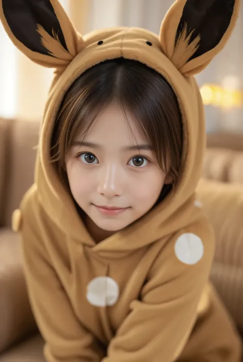 photo of Japanese girl, upper body, 1girl, 
cheerful, bashful, face on focus, 

long hair with layered cut, brown to blonde speckled hair, 

Sitting on the sofa in a cute Eevee costume with hood