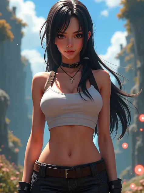 Masterpiece, (8K High Resolution), (Ultra High Resolution 3840 x 2160), (Ultimate Subjective), (12K Ultra High Resolution Wallpaper 8k), 2.5D style, intricately detailed, colorful palette, atmospheric lighting, showcasing Tifa Lockhart with a confident smi...