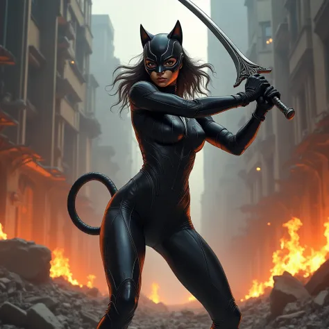 A mixed-race superheroine in a feline costume inspired by Black Panther, Incredibly detailed, curved futuristic sword, extraordinarily detailed, deep destruction and fire
