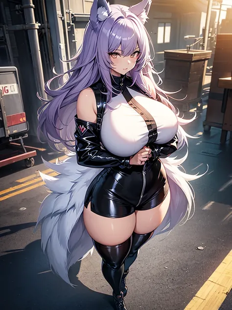 one woman, wolf girl, wolf ears, wolf tail, violet hair, strong, firm body, thick thighs, big breasts, muscular arms, casual clothes, sfw, sexy, full body, masterpiece, highly detailed, shiny clothes, latex, tall women,