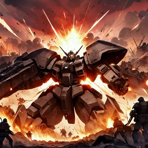 Gigantic war machines battle on a future battlefield, (green and black versus blue and yellow) tanks and soldiers battle valiantly but the mechs are the lords of the battlefield. explosions, chaos, battlefield, smoky red skies
