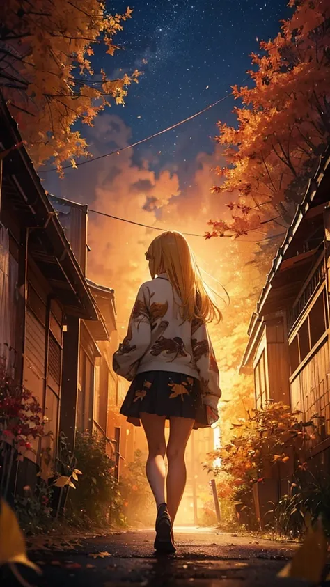 １people々々々々々々々々々々々々々,Blonde long hair woman，Dragon back print jumper， Mini skirt silhouette， Rear View， Anime Style,evening， Ginkgo Tree Line in Autumn，，night，Autumn cityscape，