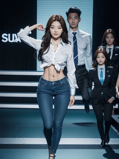 Acurate, Seulgi、Brown hair、black eyes、Semi-long、setting hair、Slender but well-proportioned muscular body、a smile、wearing a tie-front shirt、Abs are cracked、The navel is visible、Wearing blue high heels、wearing very tight blue skinny jeans.、Breasts are big、Fu...