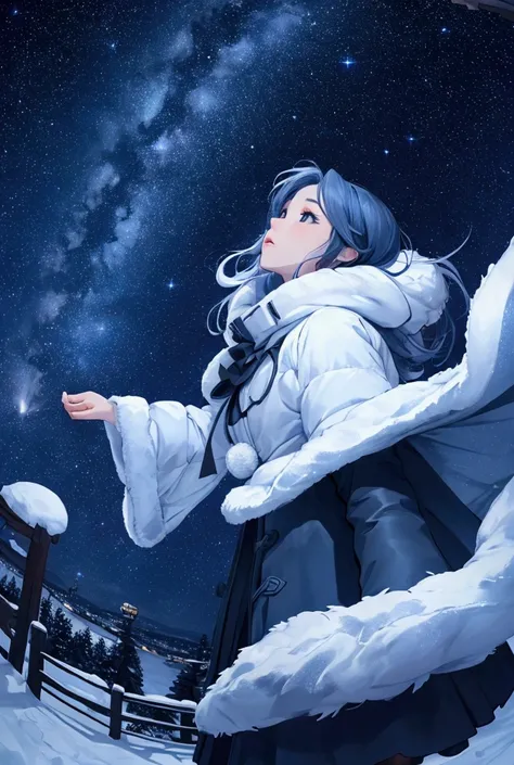 Amazing views、Winter night sky、Beautiful starry sky、Circling Stars々、Woman looking up at the night sky、Ultra high definition, look up, Fisheye Shot, Exposure Compensation