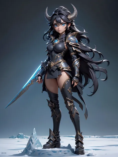 (((masterpiece, best quality, high detailed, 16k))) (1girl) A stern and determined female warrior with short, raven-black hair and ice-blue eyes. Her armor is made of solid, gleaming steel, adorned with mountain motifs and goat horns on her helmet. She wie...