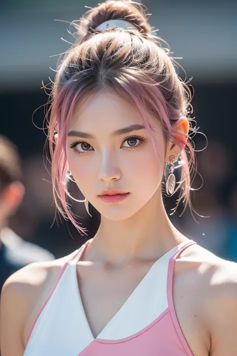 Japanese Beauty,(Pink Ash Hair),Wavy Hair,bun hair,Asymmetrical hairstyle that falls on the shoulders,Model body type, Normal chest,Delicate girl,colorful cheerleader,(Adult Women:1.5),Short hot pants, Soft Landscape,full light,Lots of earrings,Punk Fashio...