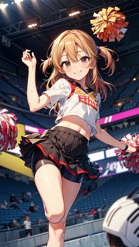 Yuki__Idolmaster Cinderella Girls su149,orange_hair, purple_eye, length_hair, 前hair,blonde_hair, hair_between_eye,smile,Open your mouth,(Chibi:1.3),Flat Chest Thin,(Cheerleader),Red T-shirt,mini skirt,Cycling shorts,sweat,navel,(Standing on one leg,Lift yo...