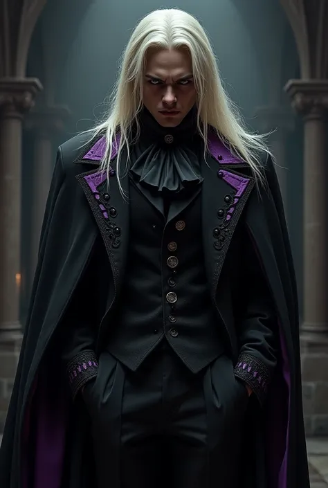 A gothic black man, , , with long blonde hair, , , villain, , , black clothes with purple detail, , , the clothes follow a Victorian style.