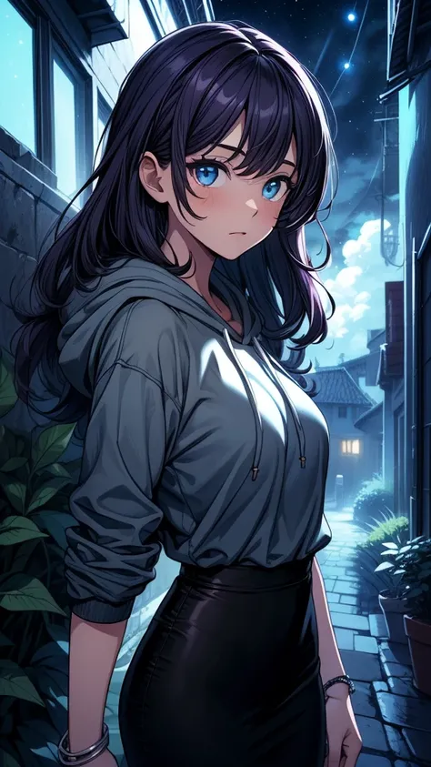 ((((masterpiece, best quality:1.8, high detail)))), beautiful woman, bright blue eyes, solo focus, long wavy hair, ((dark purple hair)), ((blue hoodie)), (black midi pencil ((skirt))), (((long black skirt))), slim body, bracelet, sidewalk, garden, leaves, ...