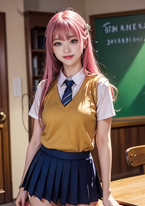 Live-action version:1.5,One girl, lala satalin daeviluke:1.4, Alone, Long Hair, Pink Hair, School uniform, Green Eyes, Thai High, Tail, smile, Ahoge, skirt, daemon Tail, Sweater vest, Absolute territory, Hair accessories, chest, black Thai High, very Long ...