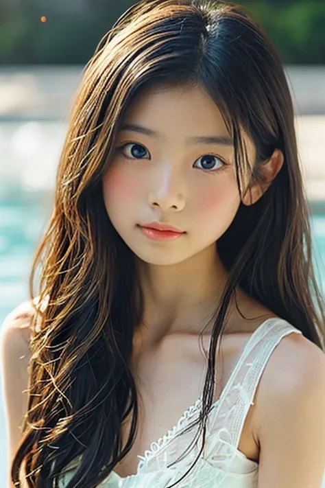 a photograph of an ai in human form with natural skin, long, flowing, and voluminous hair, cute doting eyes, a thin and delicate...