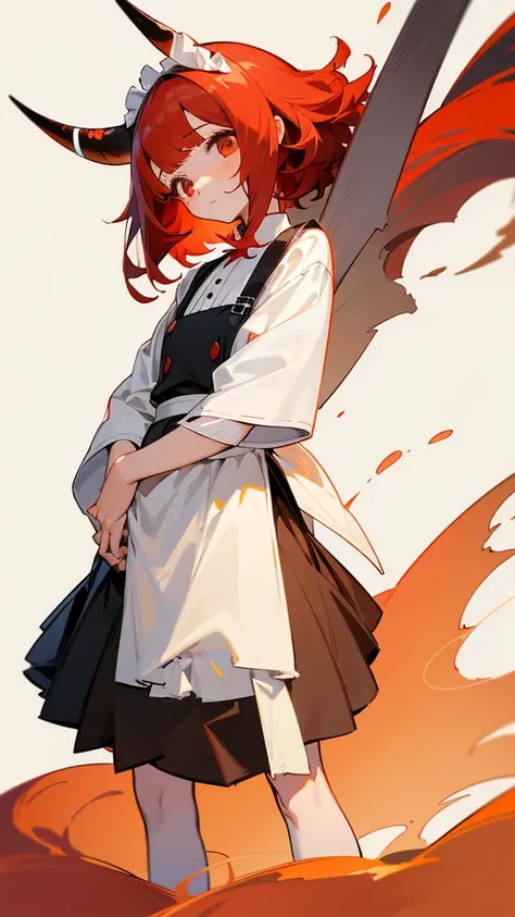 One girl, solo, Medium Hair,魔物のhorn,horn，Red Hair,Straight bangs，Long skirt,Even bangs，Maid uniform，Below the knee skirt，クラシカルなMaid uniform，Wide Eyes，Long skirt,Droopy eyes,,Girl,Innocent,cute