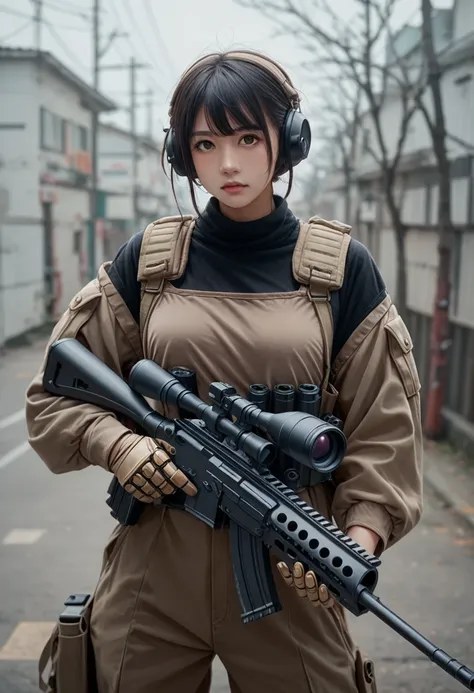 Personifying a tank、機械の身体のwoman、Combat characters、Japanese、woman、Have a sniper rifle、Robot、Character Design、A mechanical body