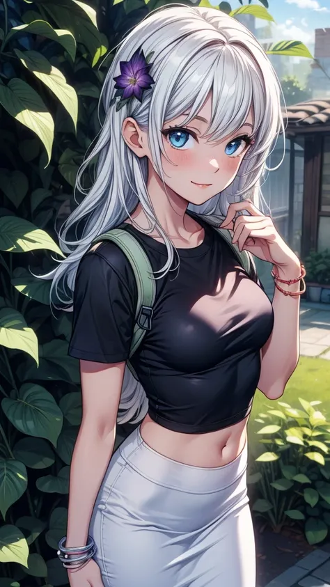 ((((masterpiece, best quality:1.8, high detail)))), beautiful woman, bright blue eyes, nervous smile, solo focus, (((small breasts))), long wavy hair, ((white hair)), purple flower hairpin, ((purple t-shirt short sleeves)), (black midi pencil ((skirt))), (...