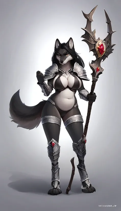 (Masterpiece, top quality, best quality, perfect eyes), Fantasy, Solo, 1 girl, furry, female gray wolf, anthro wolf facial features, wolf tail, primary black fur, white patches on belly and chest and inner thighs, brown eyes, long black hair, voluptuous, p...