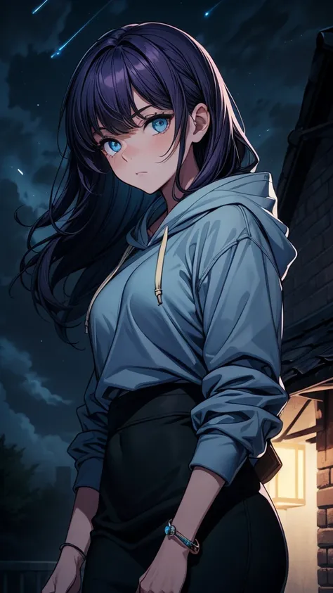 ((((masterpiece, best quality:1.8, high detail)))), beautiful serious woman, confident, bright blue eyes, solo focus, long wavy hair, ((dark purple hair)), ((blue hoodie)), (black midi pencil ((skirt))), (((long skirt))), slim body, bracelet, sidewalk, gar...