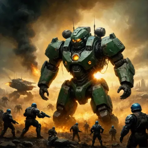 stunning futuristic sci-fi scene, epic battle between massive war mechs,towering metal titans clashing on a ruined dystopian battlefield,advanced tanks and soldiers engaged in fierce combat,dramatic explosions,billowing smoke,intense chaos and destruction,...