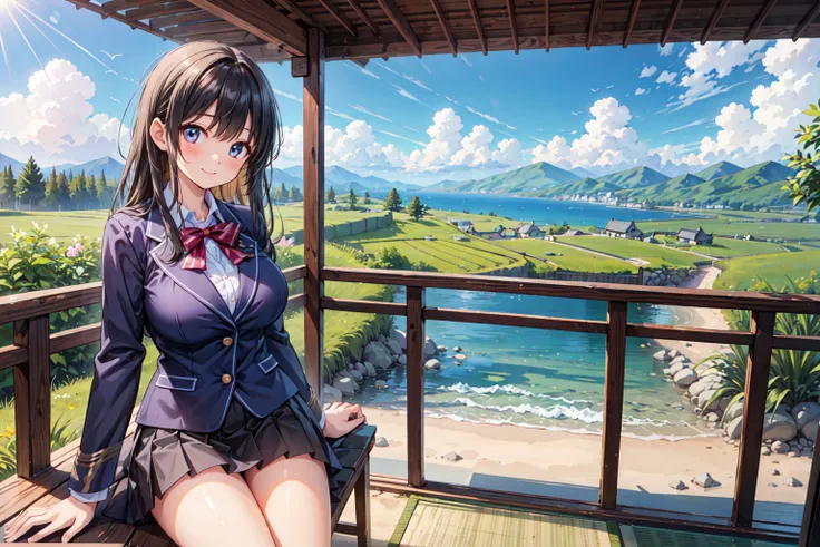 (((Masterpiece, 16k, Highest quality, Ultra-high resolution, Depth of subject))), ((Very detailed, Japanese countryside scenery)), (((High school girl in blazer uniform, 2 people, skirt, Big Breasts))), Beautiful girl in great detail, Very accurate body st...