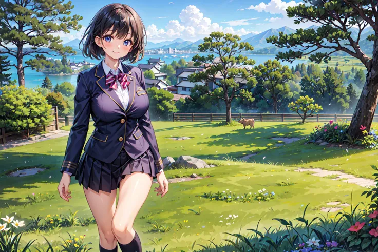 (((Masterpiece, 16k, Highest quality, Ultra-high resolution, Depth of subject))), ((Very detailed, Japanese countryside scenery)), (((High school girl in blazer uniform, 2 people, skirt, Big Breasts))), Beautiful girl in great detail, Very accurate body st...