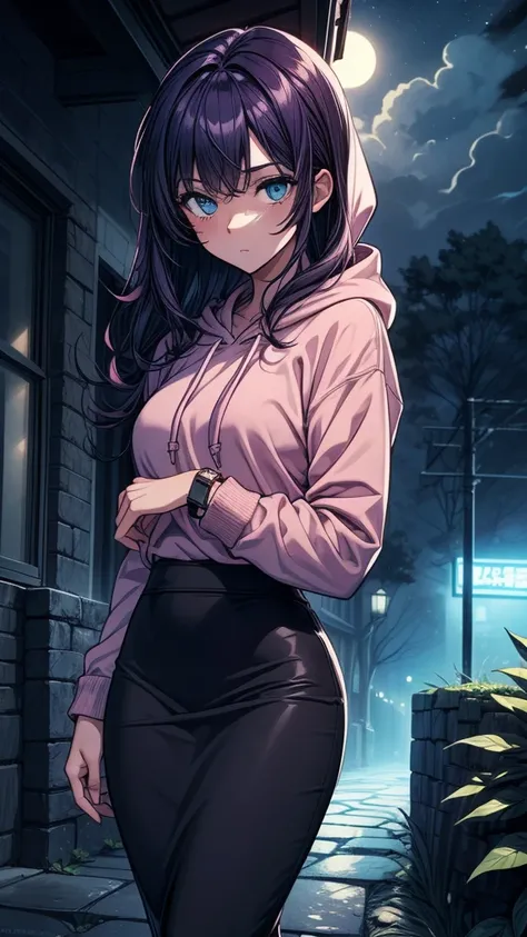 ((((masterpiece, best quality:1.8, high detail)))), beautiful serious woman, confident, bright blue eyes, solo focus, long wavy hair, ((dark purple hair)), ((pink hoodie)), (black midi pencil ((skirt))), (((long skirt))), slim body, bracelet, sidewalk, gar...