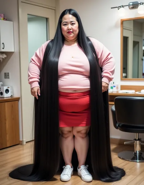 8k,Highest quality, masterpiece, Ultra-high resolution,(masterpiece:1.6, Highest quality), Intricate details, Middle-aged woman in her 50s,Japanese, alone, full body, ((dynamic pose:1.4)),((Absurdly Long hair:1.5)),top of head,(jet Black Hair), (forehead:1...