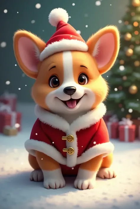 cute corgi in santa claus costume with four paws