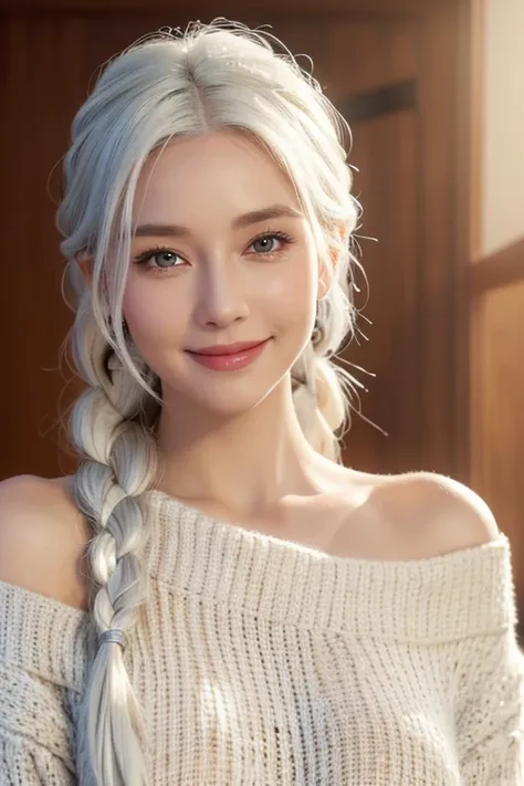 A calm woman with white hair in a braid, wearing a off shoulder sweater, smiling, large breast, (best quality,4k,8k,highres,masterpiece:1.2),ultra-detailed,(realistic,photorealistic,photo-realistic:1.37),HDR,UHD,studio lighting,portrait,warm color tones,so...