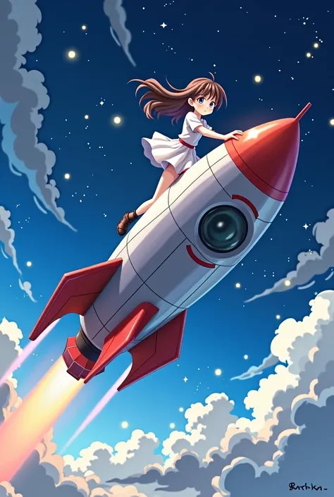 Girl riding a rocket space sky anime