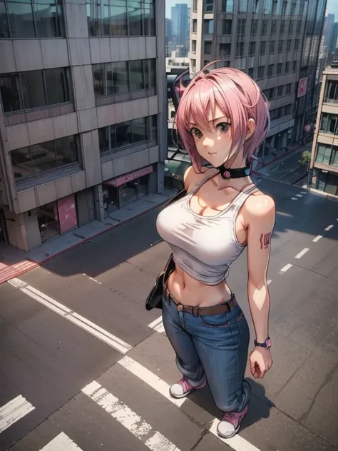 HiroyaOku2023, ((Giantess:1.1)), one woman, Highly detailed face, (GTS), (Giant, gigantic, aerial angle:1.1, 50m tall:1.1), (Pink short hair:1.3), (wearing denim short  pants, white tank top, Tank top with a "UMIQLO" red logo on a white background, Black c...