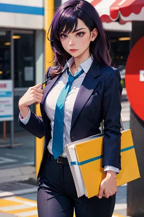 A commanding and confident character, dressed in professional attire with a strong, determined look,purple,