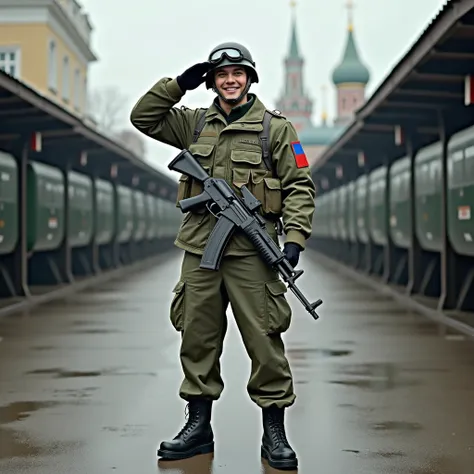 A Confident Male Russian Army Soldier Full Body in his 20s happy standing smiling and posing in a Russian Army Base in Moscow, Russia wearing a Russian army helmet with Russian army goggles with a Russian army fatigue top with a Russian Flag Patch wearing ...