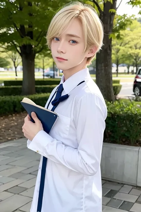 solo,1boy, looking at viewer, long sleeves,  blonde hair, outdoors, blue eyes,bishounen,beautiful face,skinny,uniform,library,short hair