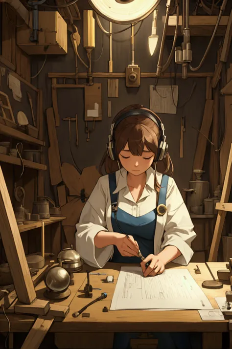 an inventor in her workshop creating inventions while listening to music