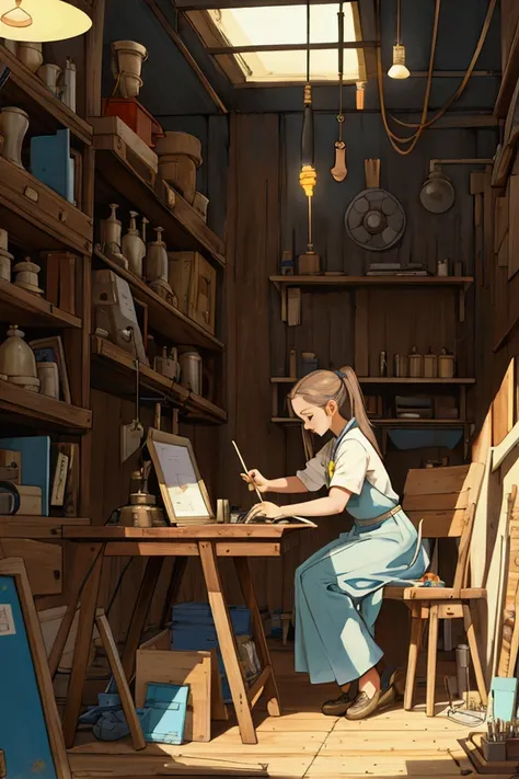 an inventor in her workshop creating inventions while listening to music