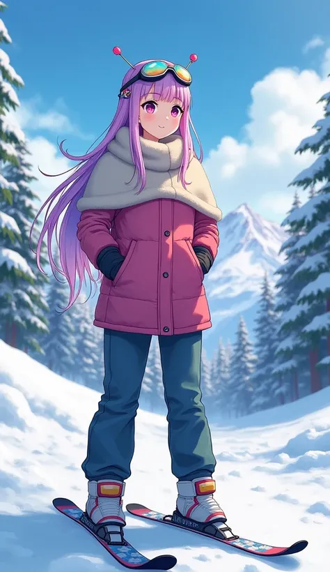 日本ski場,First place girl,Pink blue bangs long hair shawl,Headbands,Big breasts,Wearing winter clothes,In the snow,ski