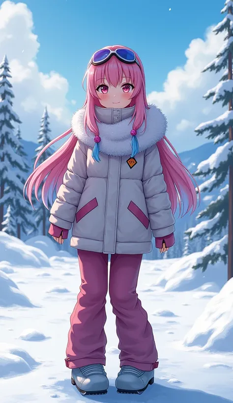 日本ski場,First place girl,Pink blue bangs long hair shawl,Headbands,Big breasts,Wearing winter clothes,In the snow,ski