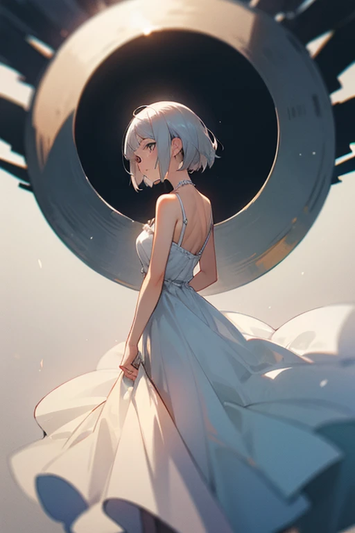 Silver-haired woman in a dress, 1 Female, Alone, Sundress, 