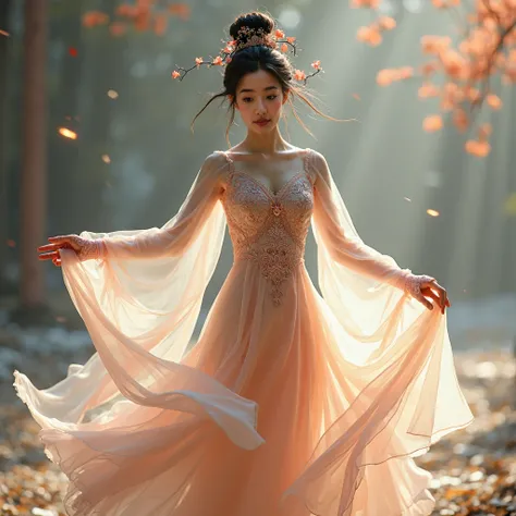 Avatar image for a beautiful Chinese female idol with no glasses twirling around to traditional chinese music. Intricate hair accessories, transparent veil over the face, intricate flower design on dress and gloves. Professional photography. Ultra-realisti...