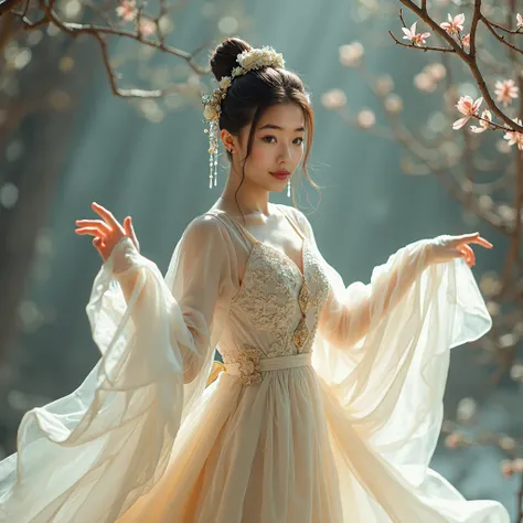 Avatar image for a beautiful Chinese female idol with no glasses twirling around to traditional chinese music. Intricate hair accessories, transparent veil over the face, intricate flower design on dress and gloves. Professional photography. Ultra-realisti...