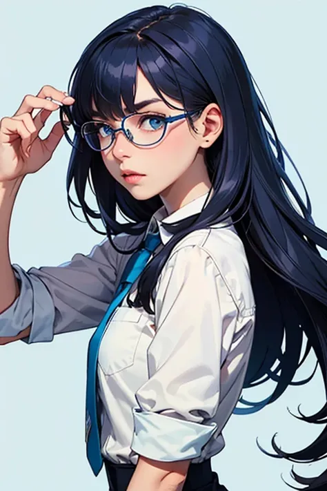 A serious, disciplined character with a neat, professional outfit and a focused expression,blue,eyeglass