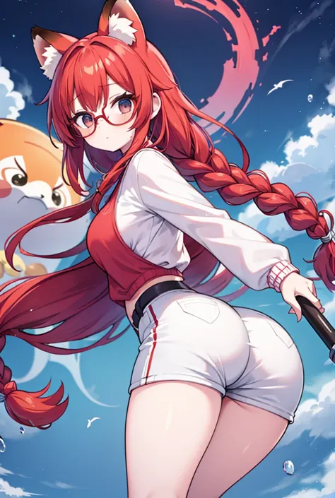 A solo girl, of coasts, your big ass.
Long red hair, braids, cute face, wearing round glasses, white sweater, wearing shorts, dynamic view, big red panda ears.