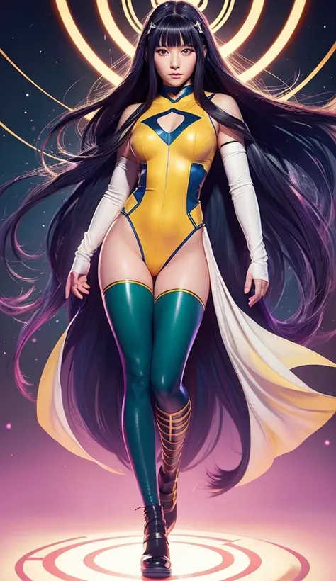 full body Illustration of Hinata Hyuga in Marvel style, wearing a female superhero costume inspired by a bodysuit. The costume combines traditional Hyuga design elements with a modern Marvel aesthetic.. Hinata&#39;s pose reflects strength and confidence.. ...