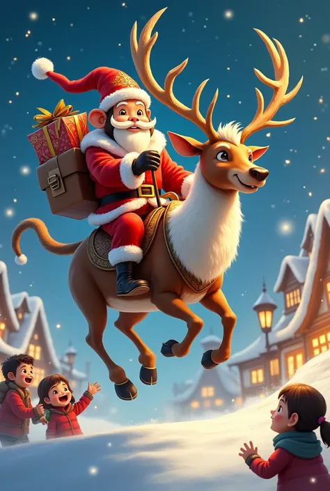 Sun Wukong dressed in a Santa Claus outfit, riding a reindeer and delivering presents to children!