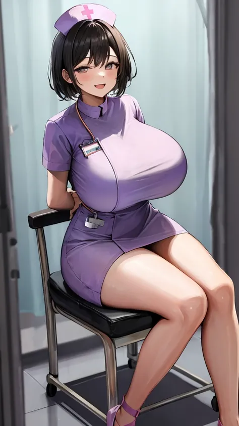 One masterpiece girl,Short black hair,Alone,smile,Open your mouth, (View your viewers:1.8), (nurse:1.3), (Esbian full body:1.2), (Huge breasts:1.4), (Glowing Skin:1.5), (Sitting in a chair, Arms behind back:1.3), (clinic:1.5),  