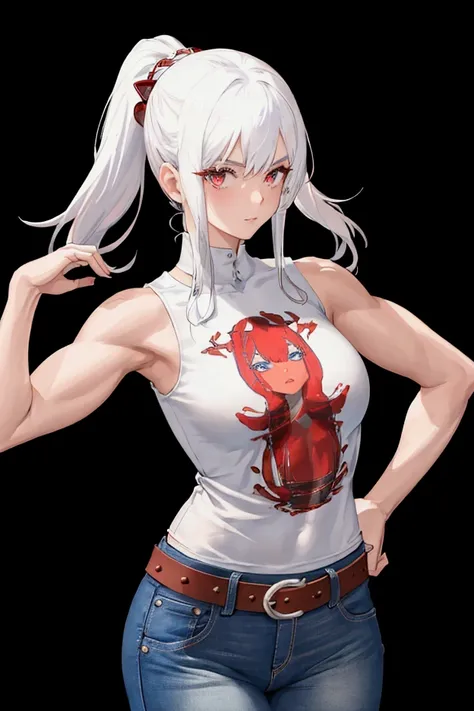 girl with a slim and muscular build, sleeveless t-shirtvanderbilt chili print, white hair, red and blue, jeans, black leather be...