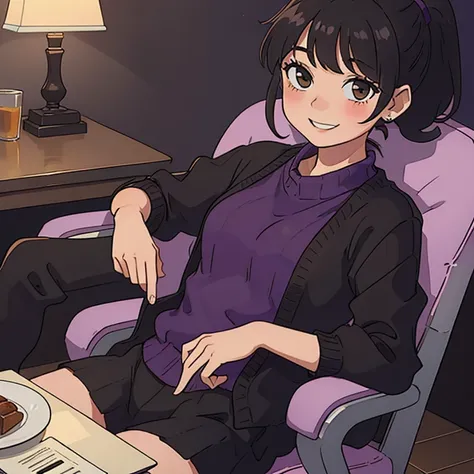 A girl sitting on a chair,smiling,Brown eyes,black hair,Short ponytail,purple sweater,black shirt,I&#39;m using a computer, Being in a room that looks like science fiction..