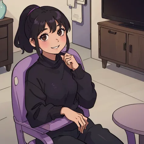 A girl sitting on a chair,smiling,Brown eyes,black hair,Short ponytail,purple sweater,black shirt,I&#39;m using a computer, Being in a room that looks like science fiction..