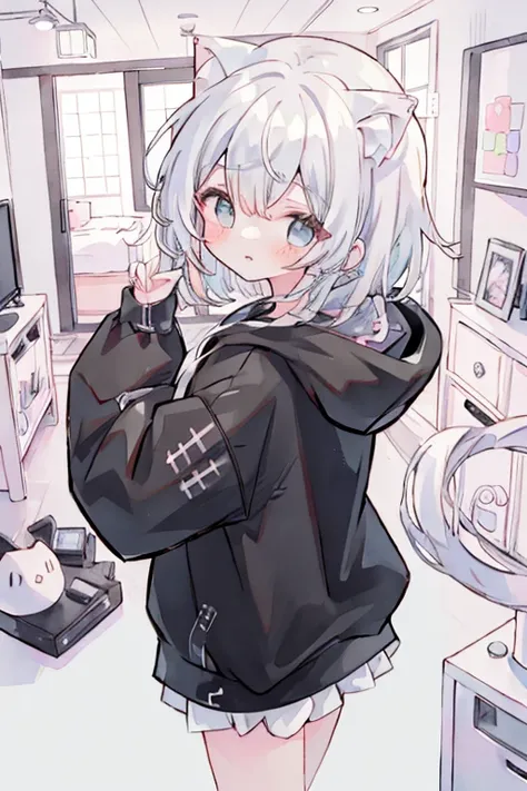 Super detailed, (Best Qualityのイラスト), 8k, Ultra A high resolution chaotic background, Cat ears、shy、Embarrassing、Viewer Perspective、Kamimei、Black hoodie、mini skirt、White Hair、Wave、((((8k、))))、Rear View、(Viewer Perspective)、Adorable、Fluffy、So many computer mo...